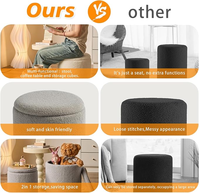 Round Ottoman with Storage Set of 2-Upholstered Sherpa Vanity Stool - Image 4
