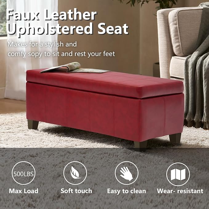 Faux Leather Ottoman with Storage, Rectangular Extra Long Storage Bench - Image 4