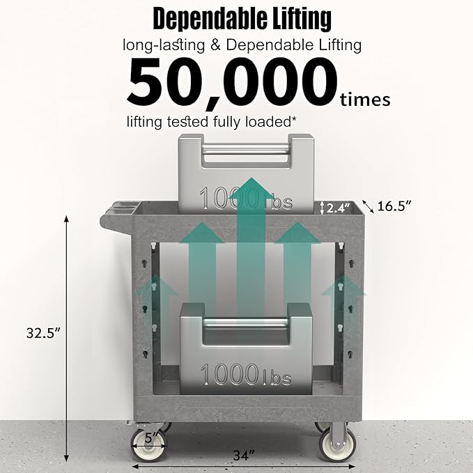 Utility Cart on Wheels, 1000 lbs Capacity Rolling Service Cart, 34 x 17 Inch - Image 3