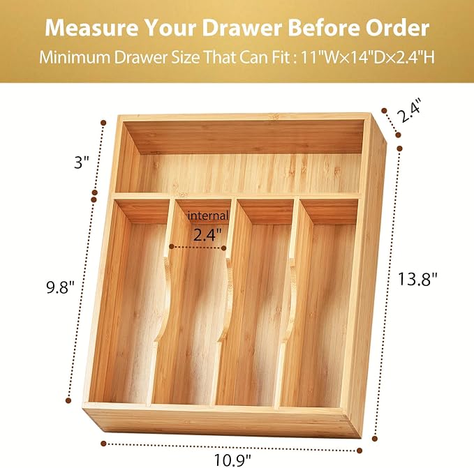 Umilife Bamboo Kitchen Drawer Organizer, 11 Inch Silverware Utensils Tray Holder - Image 6