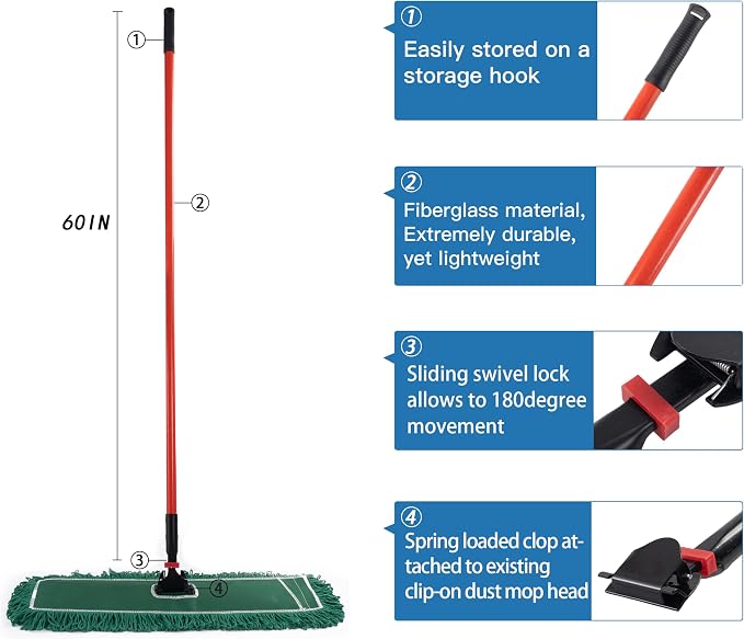 Matthew Cleaning Jaw Clamp Mop Handle, Snap-On Fiberglass Dust Mop Handle - Image 2