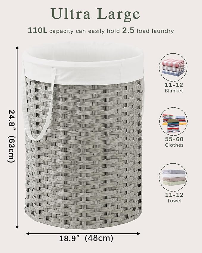 Laundry Basket Round Rattan Laundry Hamper 29.1 Gal Handwoven Large Wicker - Image 5