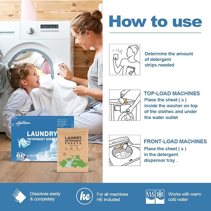 Laundry Detergent Sheet, Eco-Friendly & Hypoallergenic Wash Strips, Natural - Image 8