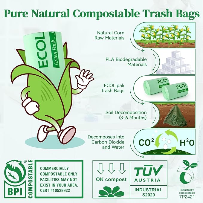 ECOLipak 13 Gallon Compostable Trash Garbage Bags, US BPI ASTM D6400 and OK - Image 3