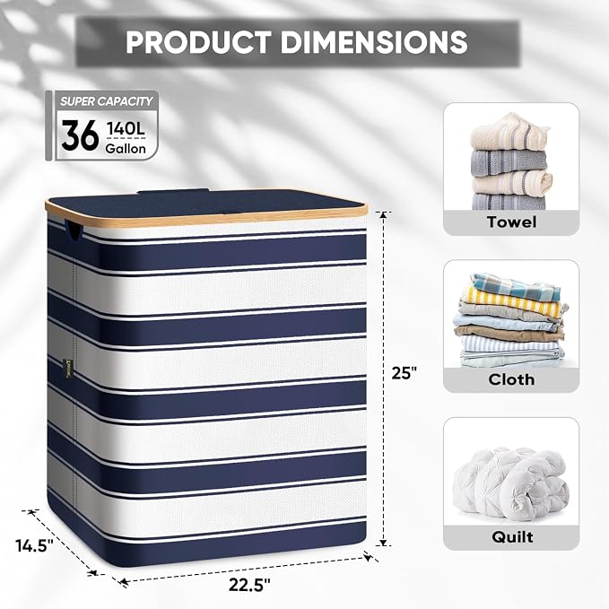BALEINE Laundry Hamper with Lid, Tall Laundry Baskets with Bamboo Pull Handles - Image 4