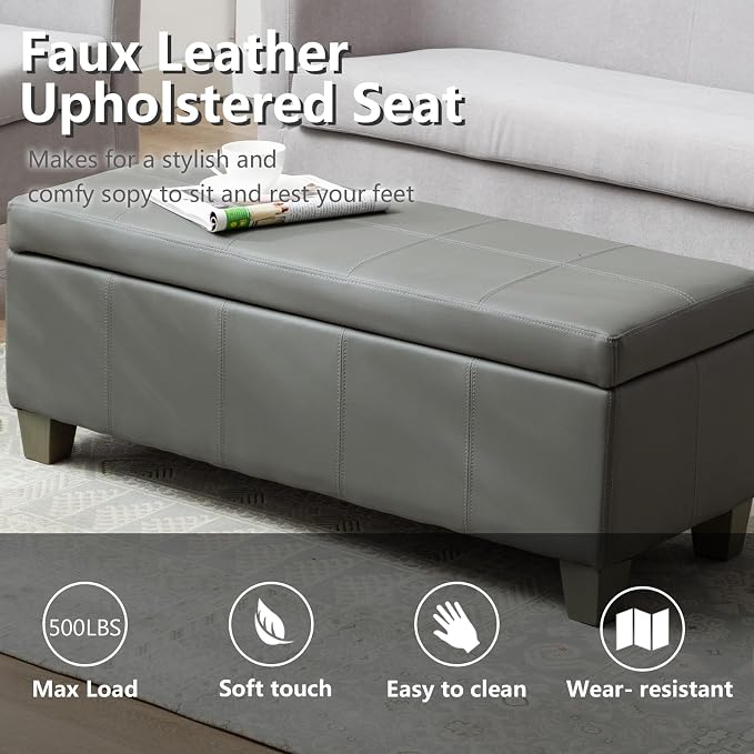 Grey Faux Leather Ottoman with Storage, Rectangular Extra Long Storage Bench - Image 5