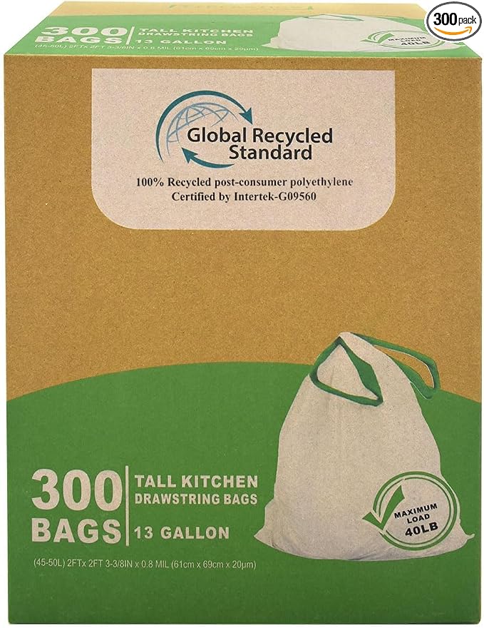 TYPLASTICS 300 Count 13 Gallon Tall Kitchen Drawstring Trash Bags, GRS Compliant by Typlastics