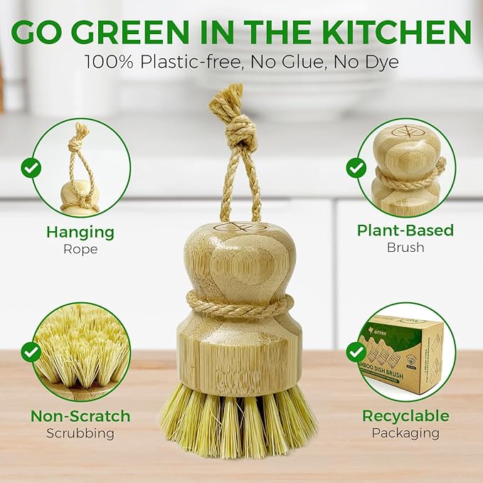 Bamboo Dish Brush Set of 3-100% Plastic Free Kitchen Scrubber - Image 5