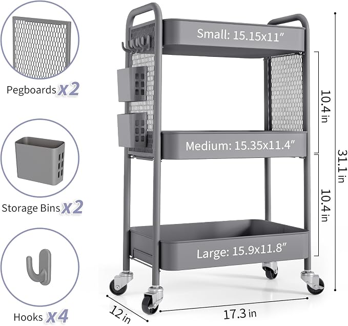 TOOLF 3 Tier Rolling Cart Storage Organizer, Metal Rolling Utility Cart - Image 6