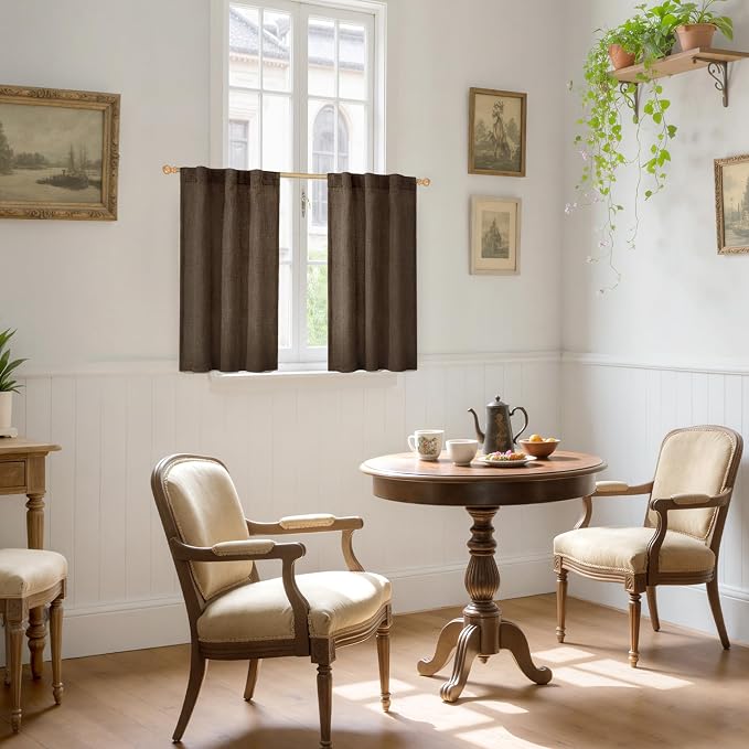 YoungsTex Brown Linen Kitchen Curtains 36 Inch Length, Half Window Drapes Light - Image 2