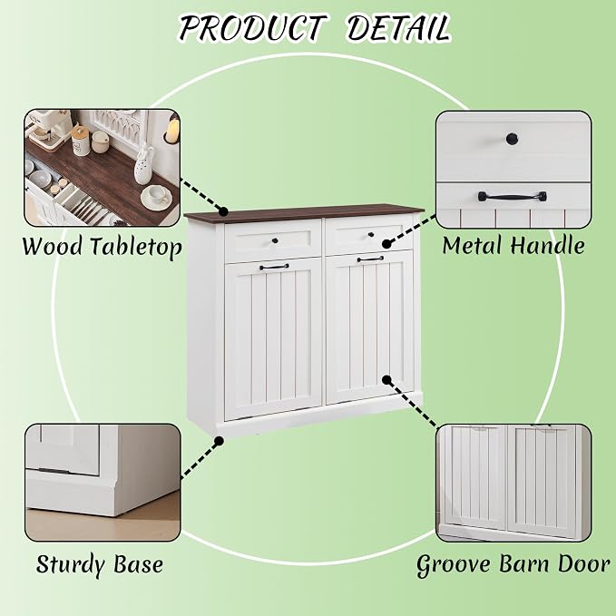 Double Tilt Out Laundry Hamper Cabinet, 20 Gallon Farmhouse Trash Can Cabinet - Image 5