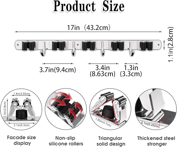 AceMining 5 Racks and 4 Hooks Mop and Broom Holder Wall Mount, Broom Organizer - Image 3