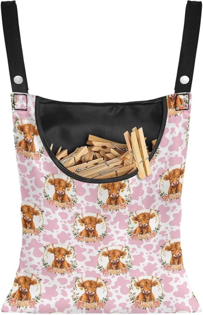 Cattle Clothespin Bags with Hanging Rope Pink Cow Print 14.5 x 12 Inch Summer by CREAMIC