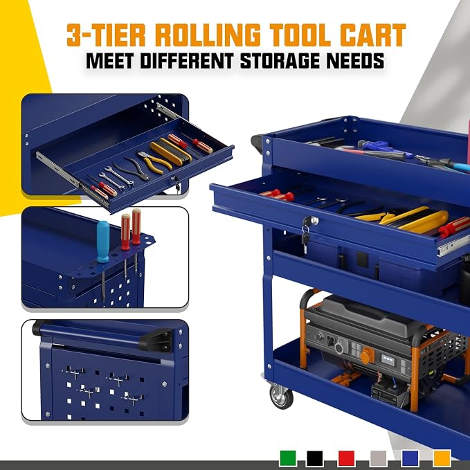3 Tier Rolling Tool Cart with Drawers, 450 LBS Capacity Tool Cart on Wheels - Image 5
