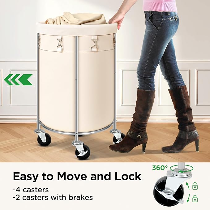 Laundry Hamper with Wheels, 100L Round Rolling Laundry Basket Sorter with - Image 5