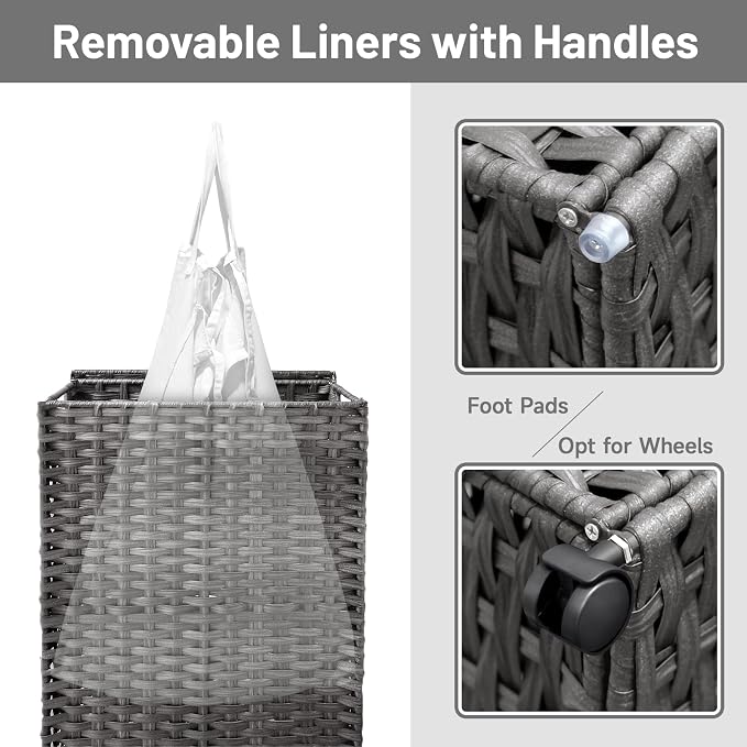 70L Slim Laundry Hamper with Lid & Wheels, Rolling Laundry Basket with 2 - Image 6