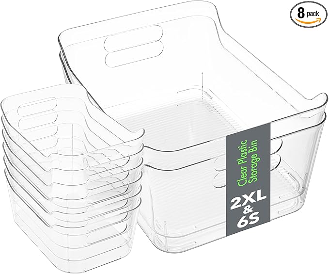 Tiawudi Set of 8 Clear Plastic Storage Bins, 2 Extra Large and 6 Small Storage by Tiawudi