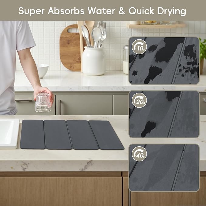 Large Stone Dish Drying Mat for Kitchen Counter, HQAUT 24×16" Collapsible Quick - Image 3