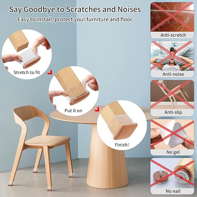 Ezprotekt 8 Pcs Extra Large Square Chair Leg Floor Protectors, Silicone Felt - Image 5