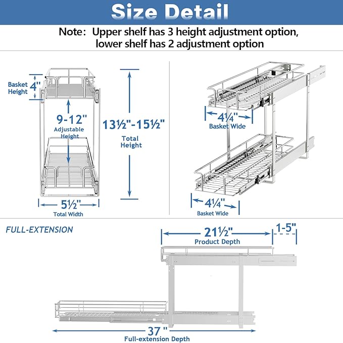 2 Tier Individual Pull Out Cabinet Organizer 5½" W x 21½" D, Heavy Duty Cabinet - Image 3