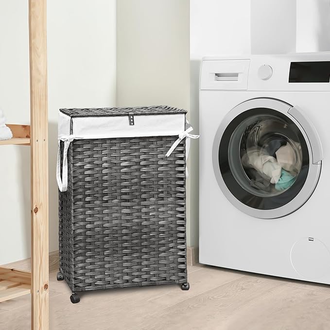 70L Slim Laundry Hamper with Lid & Wheels, 2-Park Rolling Laundry Basket with 4 - Image 2