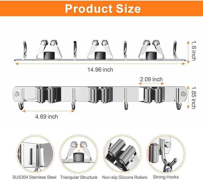 2 Pack Mop and Broom Holder Wall Mount, Non-slip Broom Hanger, Heavy Duty Mop - Image 7