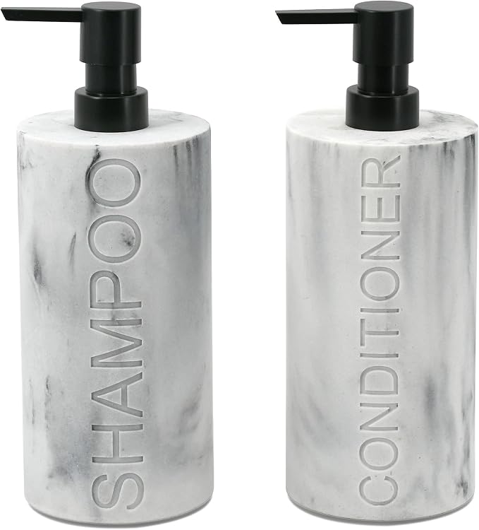 Marble Resin 2 Piece Shampoo and Conditioner Dispenser Set, Luxurious by IndecorHome