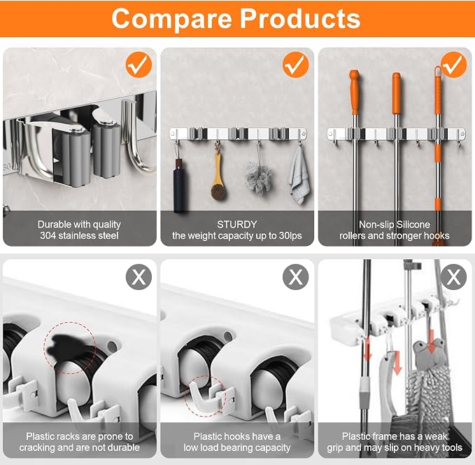 Broom and Mop Organizer Wall Hanging, Upgraded Mop and Broom Holder Wall Mount - Image 6