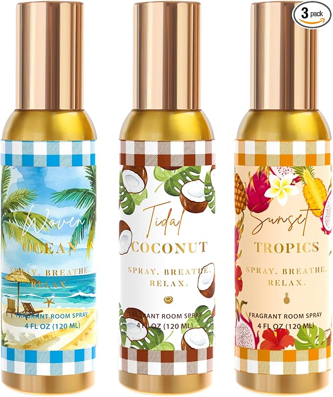 Room Spray, Tidal Coconut, Woven Ocean, Sunset Tropics, 3 Pack, Each 4 fl oz by CLESH
