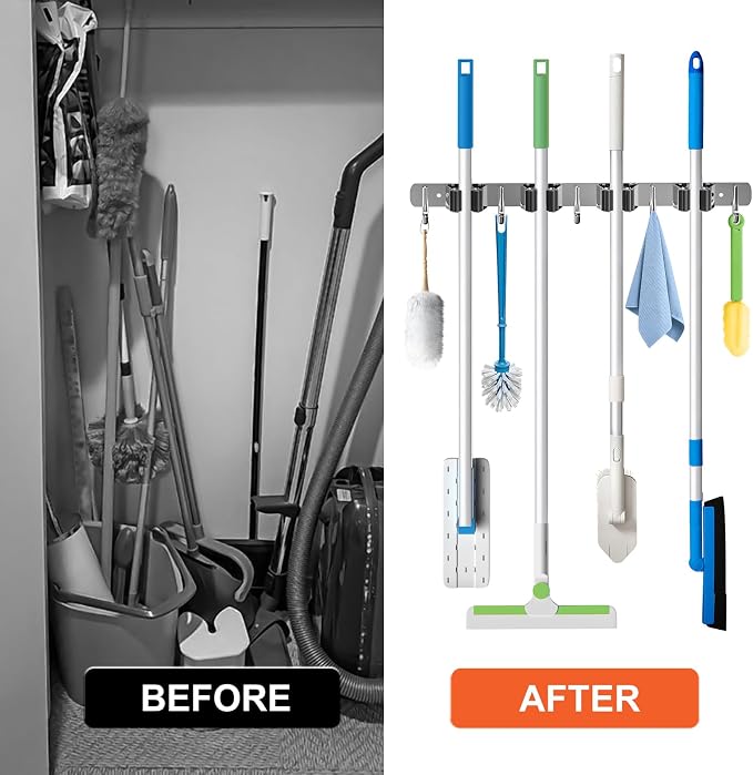ZONGOOL 2 Pack Mop Broom Holder Wall Mount, 4 Racks and 5 Hooks Broom Organizer - Image 5