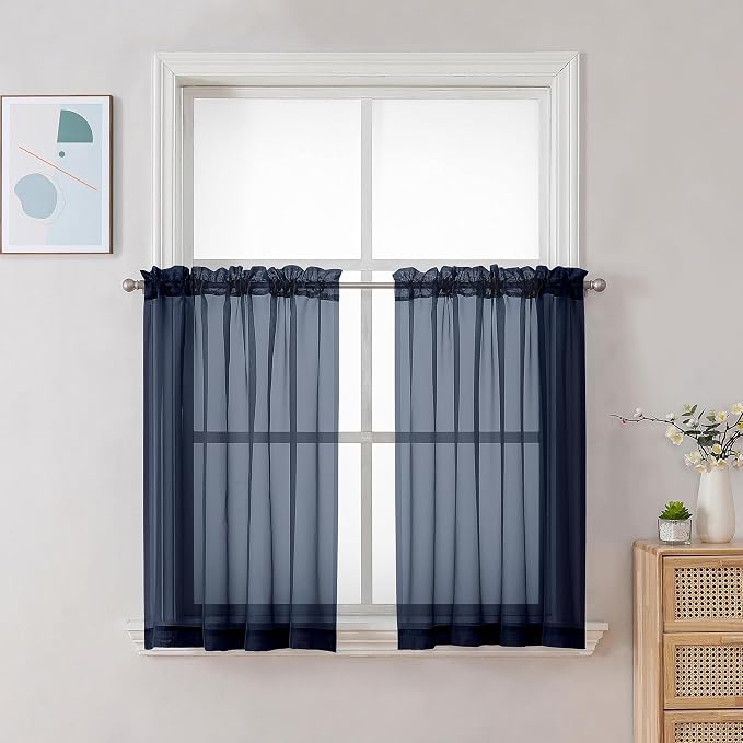 Chyhomenyc Navy Blue Sheer Curtains 30 inch Length 2 Panels, Light Filtering by Chyhomenyc