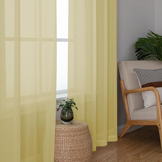 Chyhomenyc Sheer Yellow Curtains 90 inches Long 2 Panels, Light Filtering Soft - Image 3