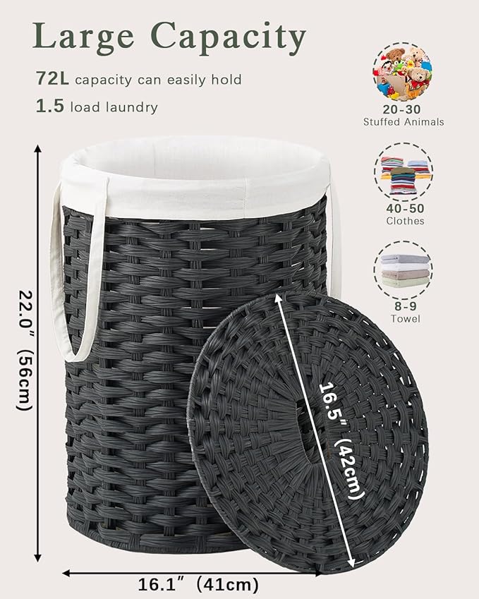 Laundry Hamper with Lid Laundry Basket with Lid 19.0 Gal Round Wicker Laundry - Image 4
