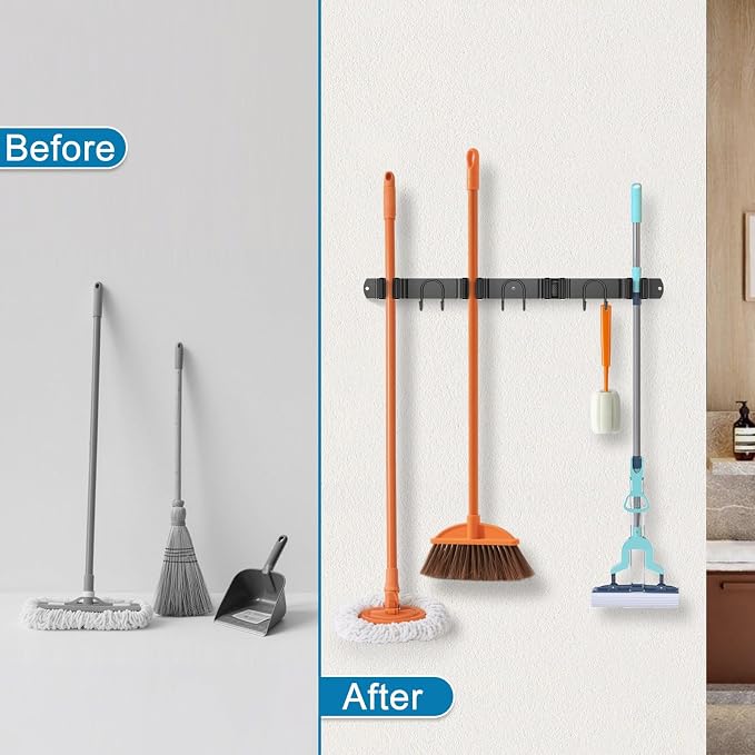 Broom Holder Wall Mount, 2 Packs Black Stainless Steel Tool Storage Organizer - Image 6