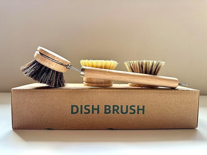 Bamboo Dish Brush with Handle, 1 Sturdy Wooden Handle with 3 Natural Bristle - Image 3