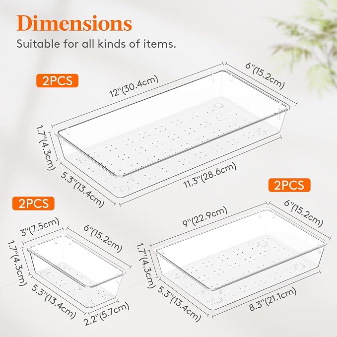Lifewit 6 Pcs Large Bathroom Drawer Organizers, 3 Sizes Clear Plastic Storage - Image 2