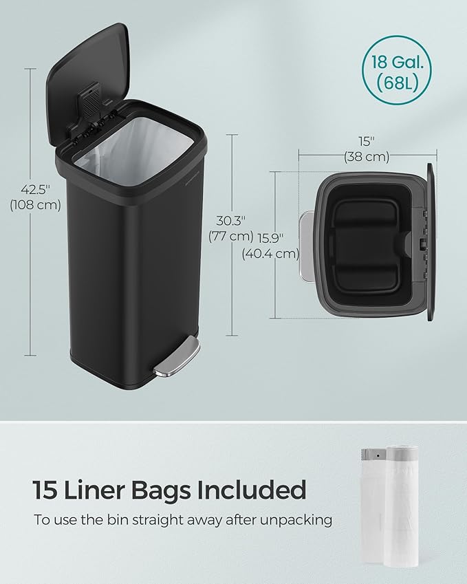 SONGMICS Kitchen Trash Can, 18-Gallon Stainless Steel Garbage Can, - Image 3