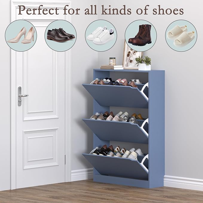 Shoe Cabinet with 3 Flip Drawers, Hidden Wood Shoe Cabinet, Freestanding Shoe - Image 4