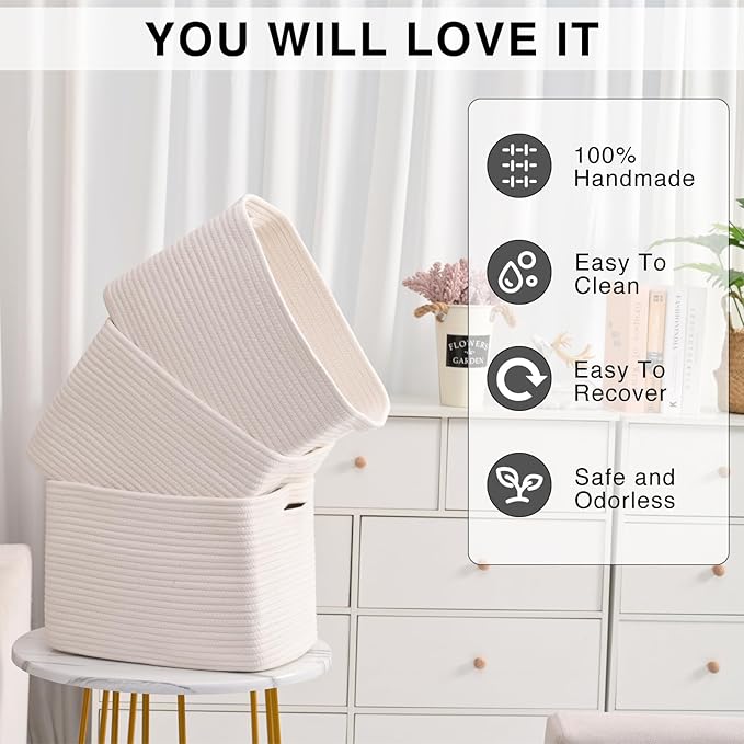 Storage Baskets for Organizing Shelves, Woven Cotton Rope Bins for Baby Nursery - Image 5