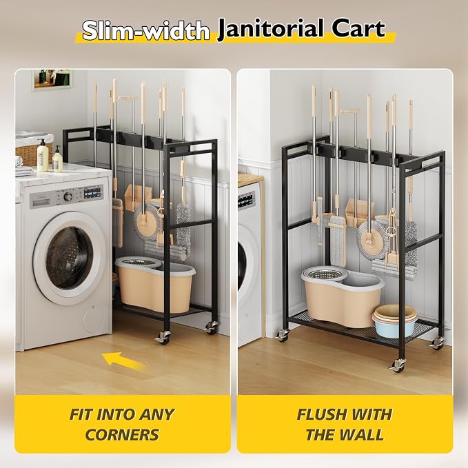 BORISI Broom And Mop Holder, Movable Broom Closet Storage Cabinet, Cleaning Cart - Image 4