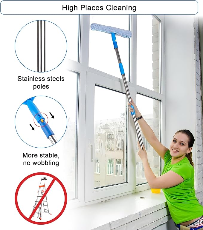 Window Squeegee Cleaner with 4 Stainless Steel Extension Poles, Long Reach to - Image 3