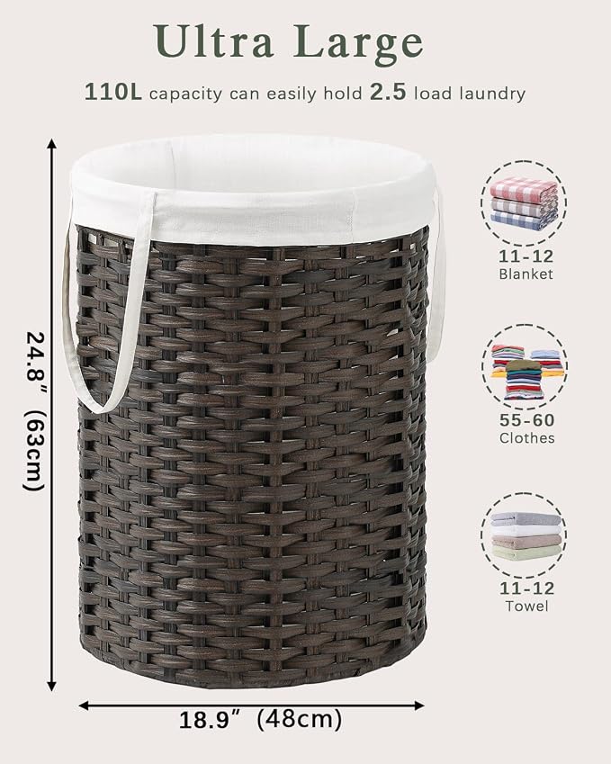 Laundry Basket Round Rattan Laundry Hamper 29.1 Gal Handwoven Large Wicker - Image 5