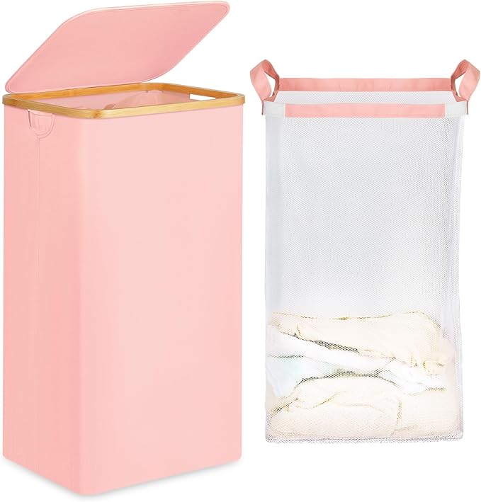26 Gal Laundry Basket with Lid and Net Bag, Tall Laundry Hamper with Bamboo by efluky