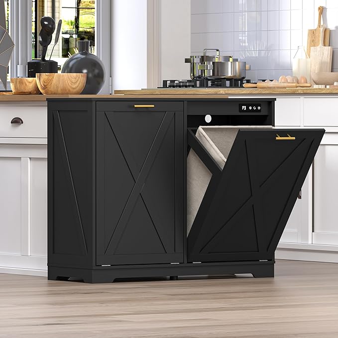 Tilt Out Trash Can Cabinet for 2 Bins, Hidden Recycle Garbage Bin Enclosure - Image 6