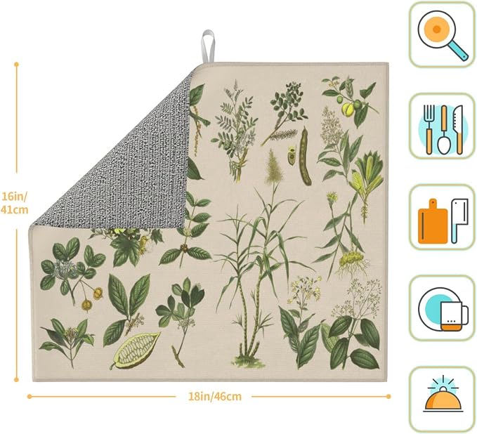Vintage Plants Herbs Floral Color Microfiber Dish Drying Mat - Image 3