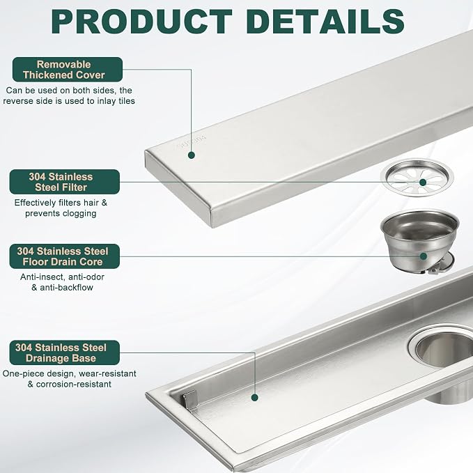 uxcell Rectangular Shower Drain, Brushed 304 Stainless Steel Odor-Proof Floor - Image 3