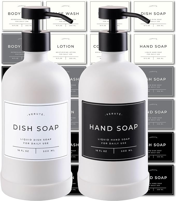 16oz Glass Soap Dispenser with Stainless Steel Pump, 21 Waterproof Labels by Verute