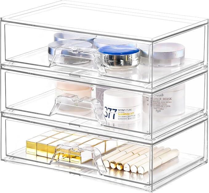 3 Pack Stackable Makeup Organizer, 12.1''L Acrylic Bathroom Organizer and by Stebopum