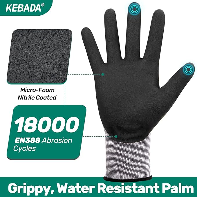 Kebada W2 Safety Work Gloves, Micro-Foam Nitrile Coated Gloves, Touchscreen - Image 3