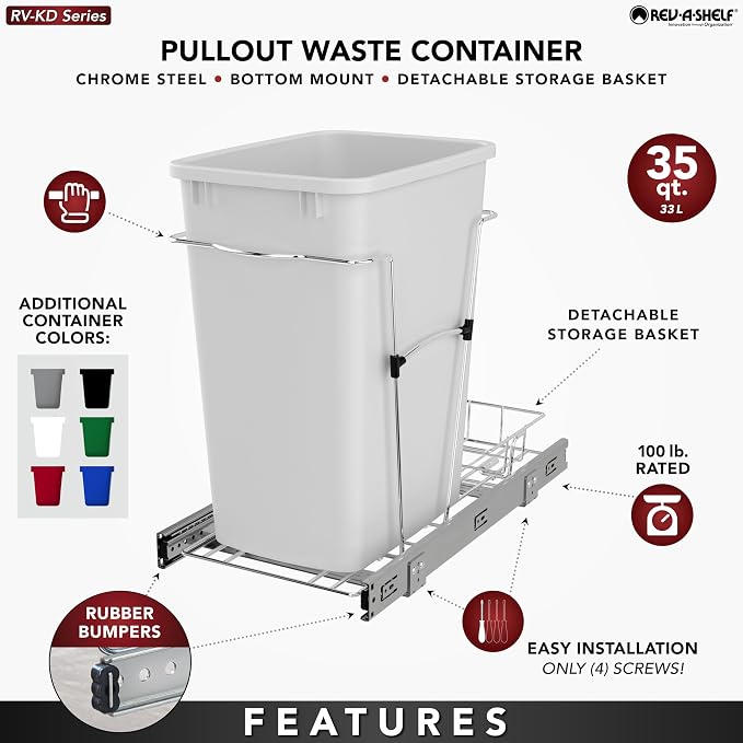 Rev-A-Shelf Pullout Trash Can for Under Kitchen Cabinets 35 Qt Garbage Waste - Image 2